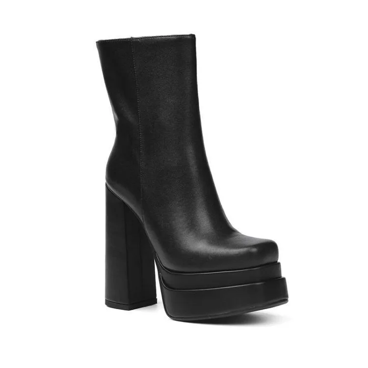 150mm Women's Double Platform Fashion Chunky Heels With Square Toe Side Zipper Boots-vocosishoes