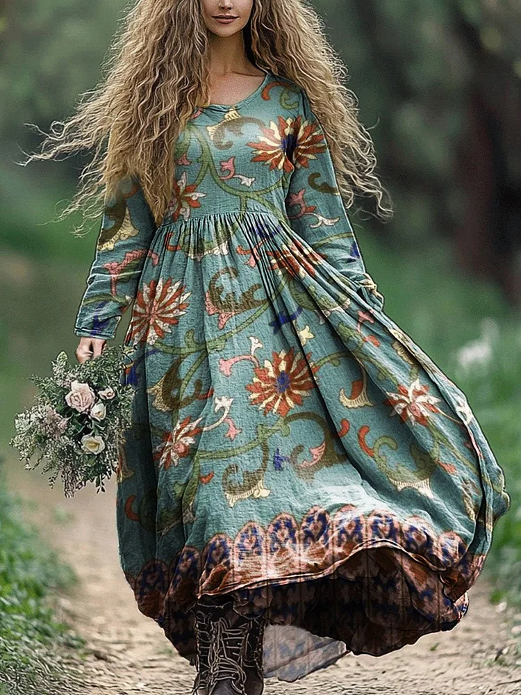 Women's Vintage Floral Art Print Pocket Cotton Dress
