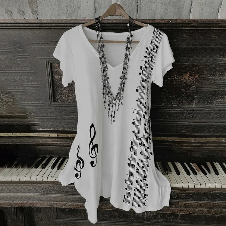 Simpfit Lässiges T-Shirt mit Vintage-Pailletten-Musiknoten-Muster