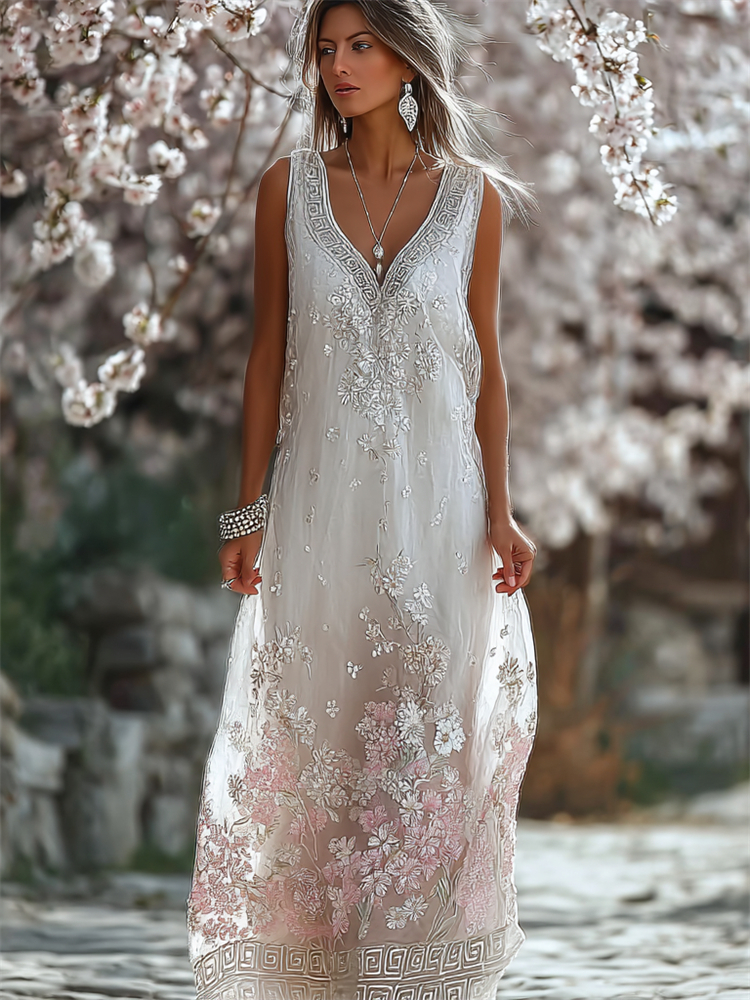 Classy Cherry Blossom Floral Flowy Linen Maxi Tank Dress elevenforest