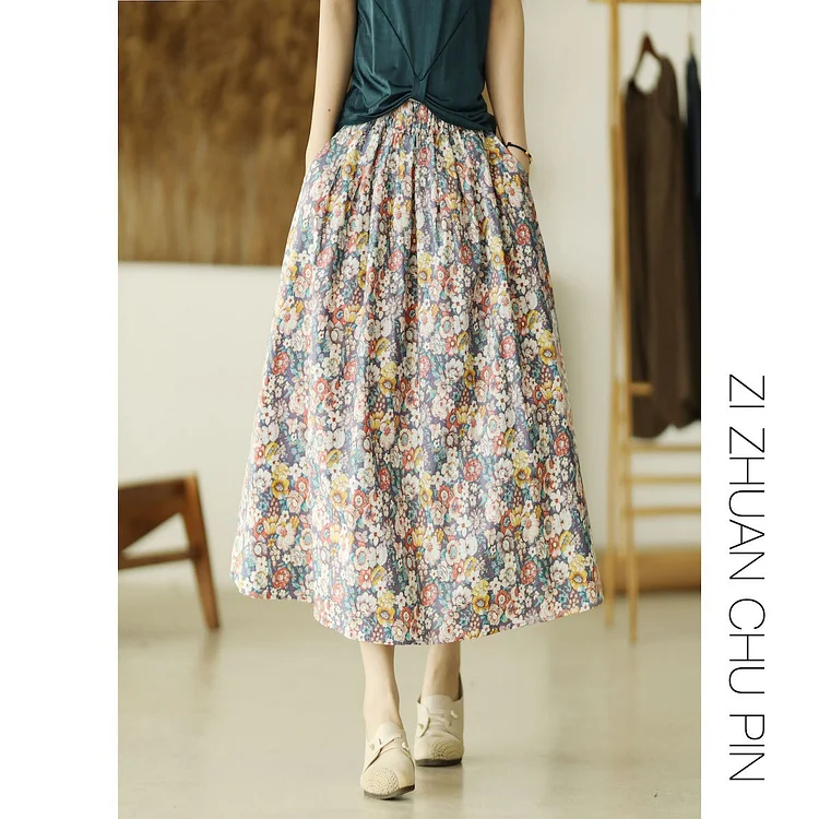 Literary Cotton Linen Floral High Waist Skirt