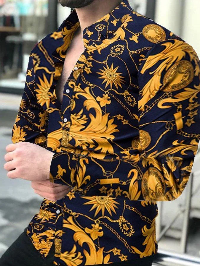 Mens Lapel Fashion Print Long Sleeve Shirt