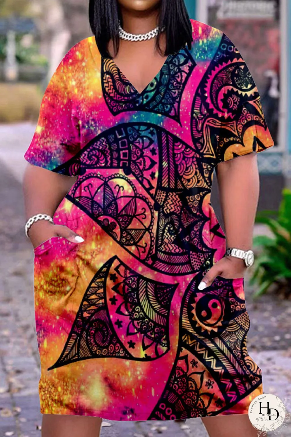 Purplish Blue Fashion Casual Print Basic V Neck Short Sleeve Dress