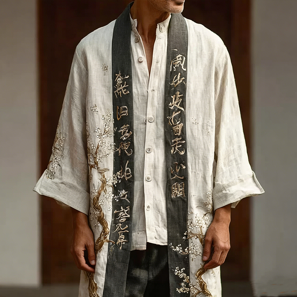 Men's White Cherry Blossom Pattern Casual Linen Long Kimono  artssus