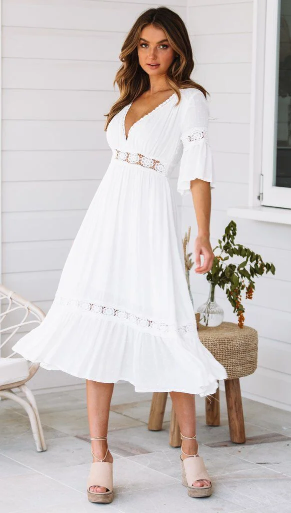 Ordifree 2022 Summer Women White Maxi Dress Sundress Sexy Lace Crochet Long Tunic Beach Dress