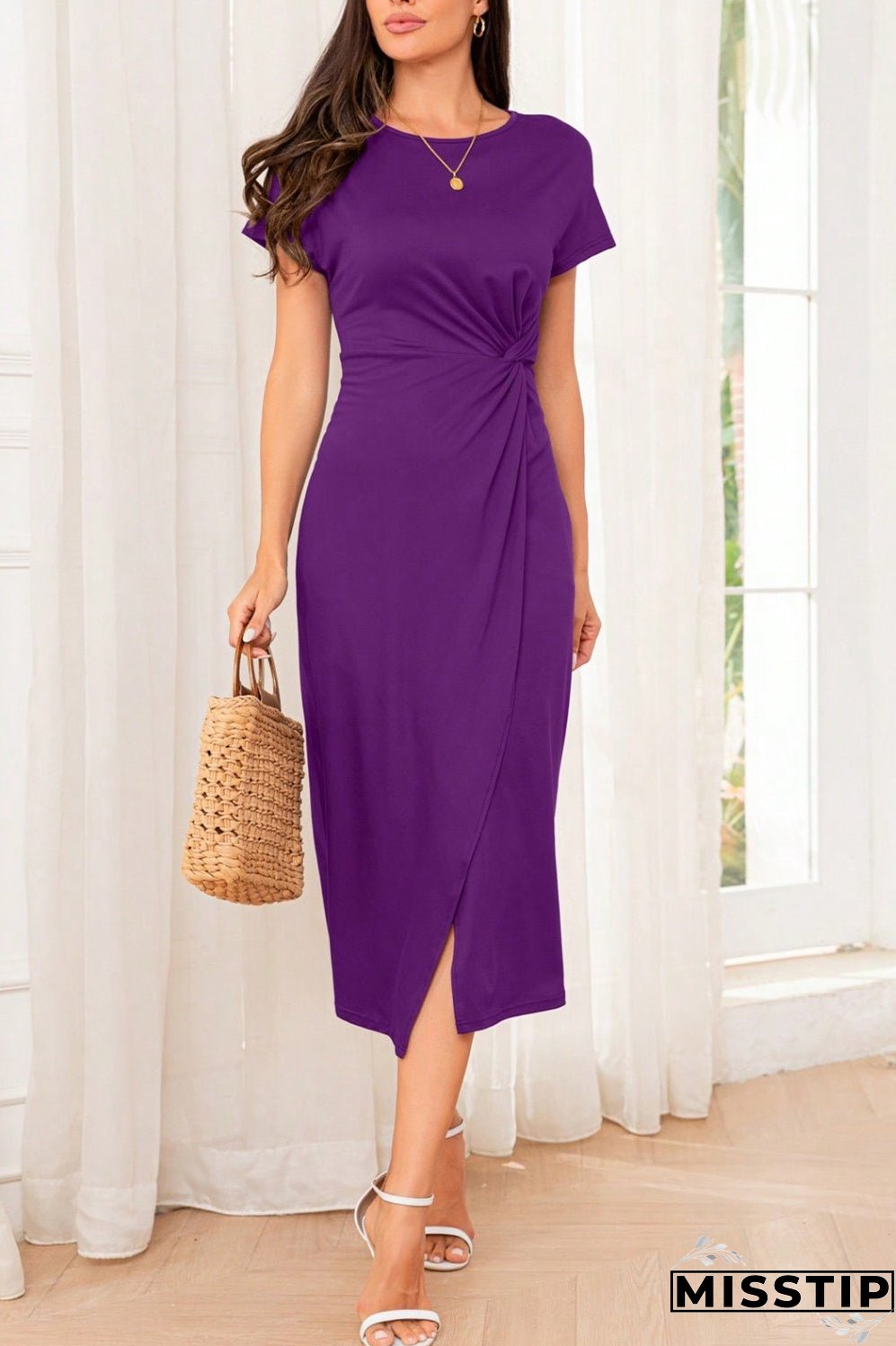 Slit Round Neck Short Sleeve Midi Dress