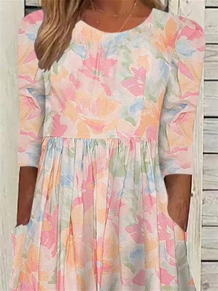 Women Half Sleeve V-neck Solid Color Dress