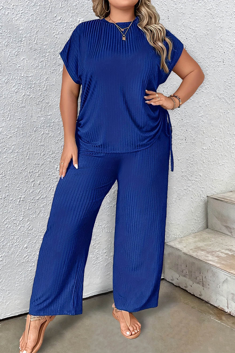 Plus Size Everyday Royal Blue Drawstring Short Sleeve Wide Leg Two Piece Pant Suit 2024 - Flycurvy 