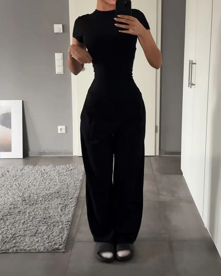 Round neck short sleeve waist solid color jumpsuit