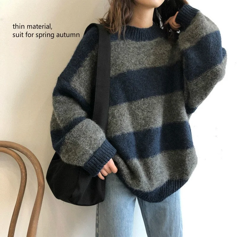 Vintage Sweaters Women Oversized Jumper Thin Striped Loose Pullovers Female Streetwear 2021 Sueter Mujer Knitted Korean Sweater