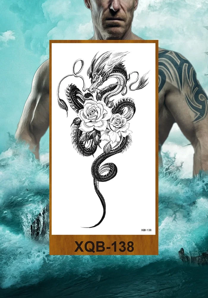 Temporary Flower Arm Tattoos Stickers Samurai Sword Dragon Snake Totem Men Women Girls Chest Fake Tatoo Drop Shipping DIY