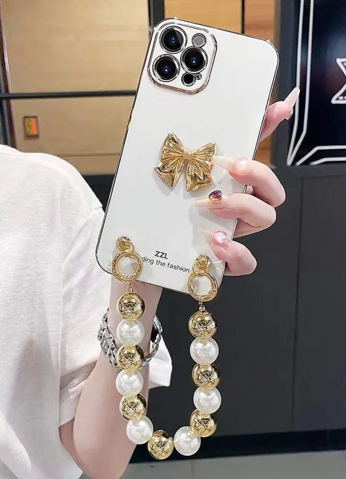 Athvotar 3D Pearl Bow Gold Plating Wrist band Phone Case For Samsung Galaxy A22 A32 A52 A72 A82 S10 S20 S21 Plus Ultra + Pro FE M32
