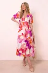 BENANCY GARMENT elegant vibrant abstract floral print tiered midi dress with puff sleeves for mature women