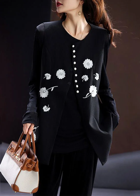 Women Black O-Neck Embroideried Button Cotton Waistcoat Sleeveless