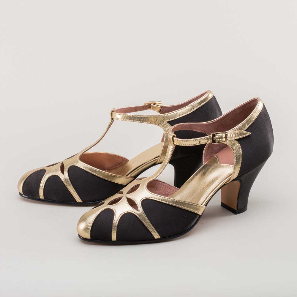 Black Satin Hollow Out Gold T-Strap Spool Heel Vintage Shoes Nicepairs
