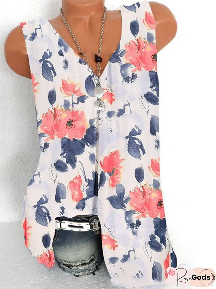 Floral Casual V Neck Tanks & Camis Printed Blouses