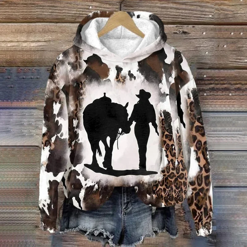 Western Leopard Print Long Sleeve Hoodie