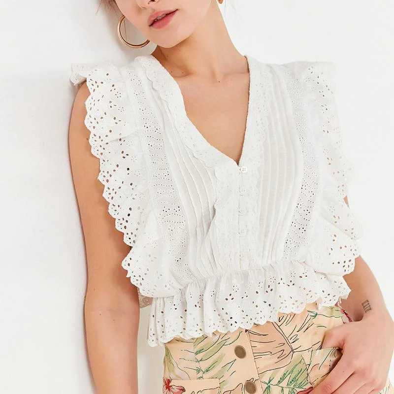 Embroidery Fabric Top With Ruffle Trim