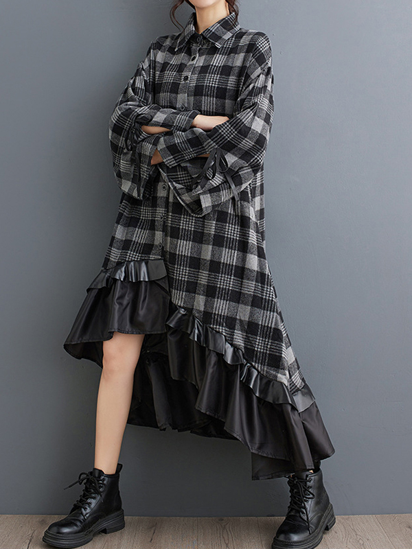 Loose Woolen Checkered Irregular Shirt Maxi Dress