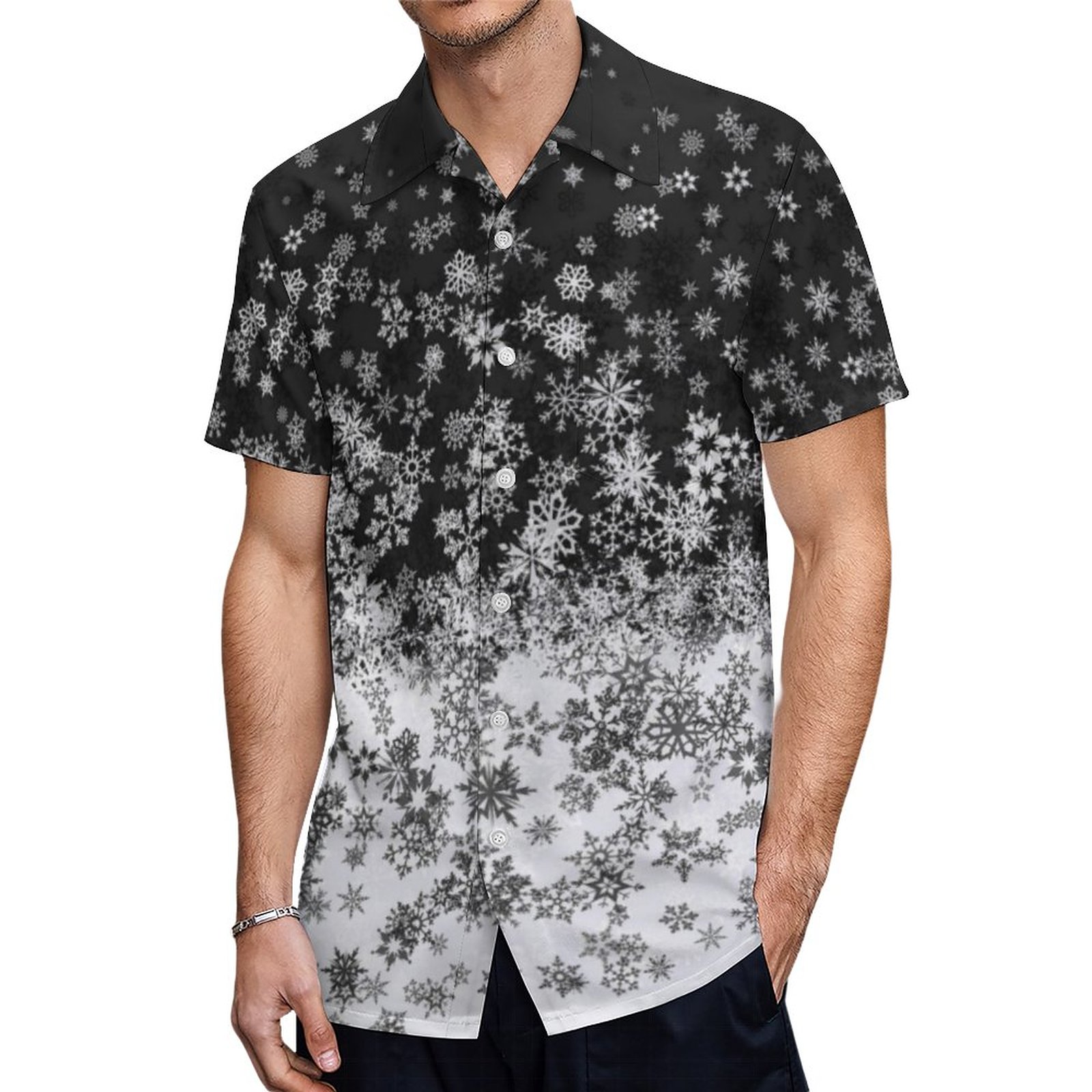 Black And White Snowflakes Hawaiian Shirt Mens Button Down Plus Size Tropical Hawaii Beach Shirts