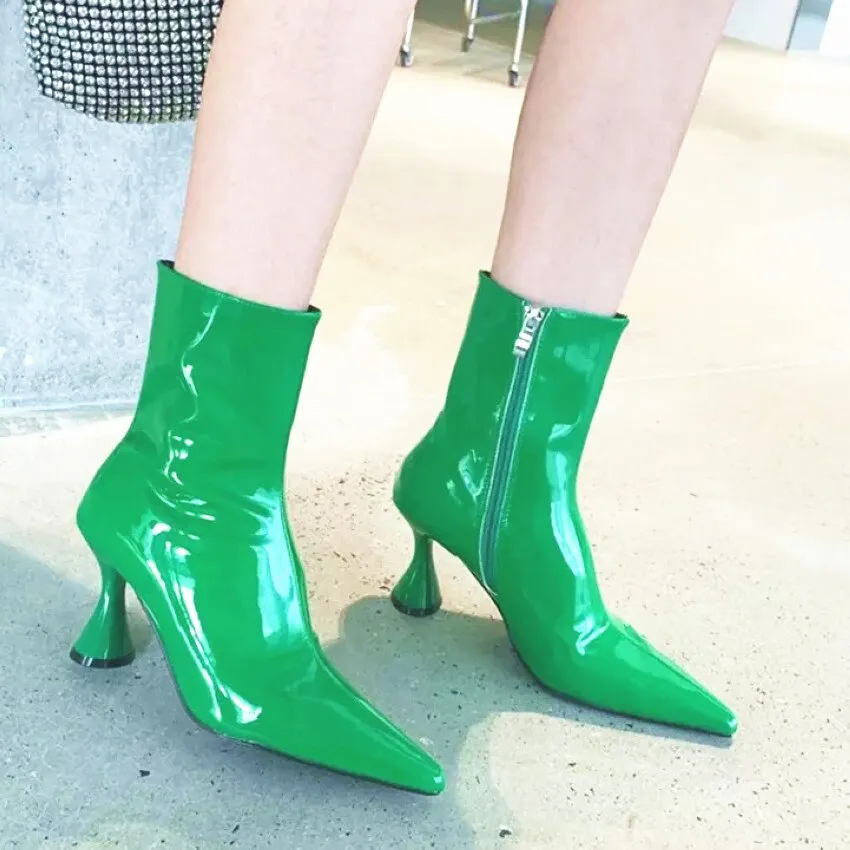 2021 Winter Fashion Women Boots Ladies Thin High Heel Pointed Toe Zipper Ankle Boots Patent Leather Female Short Boots