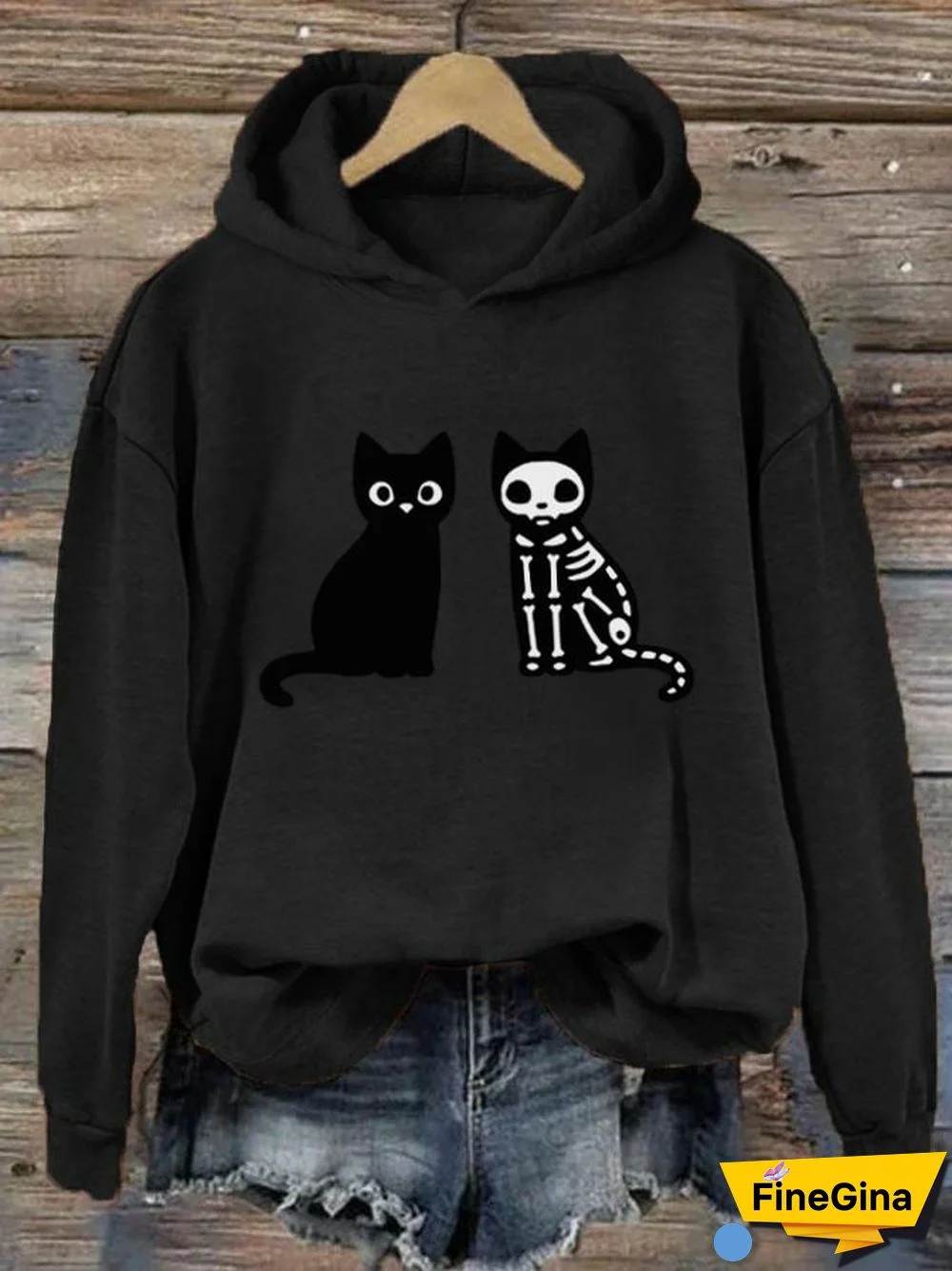 Women's Black Cat Halloween Print Hoodie