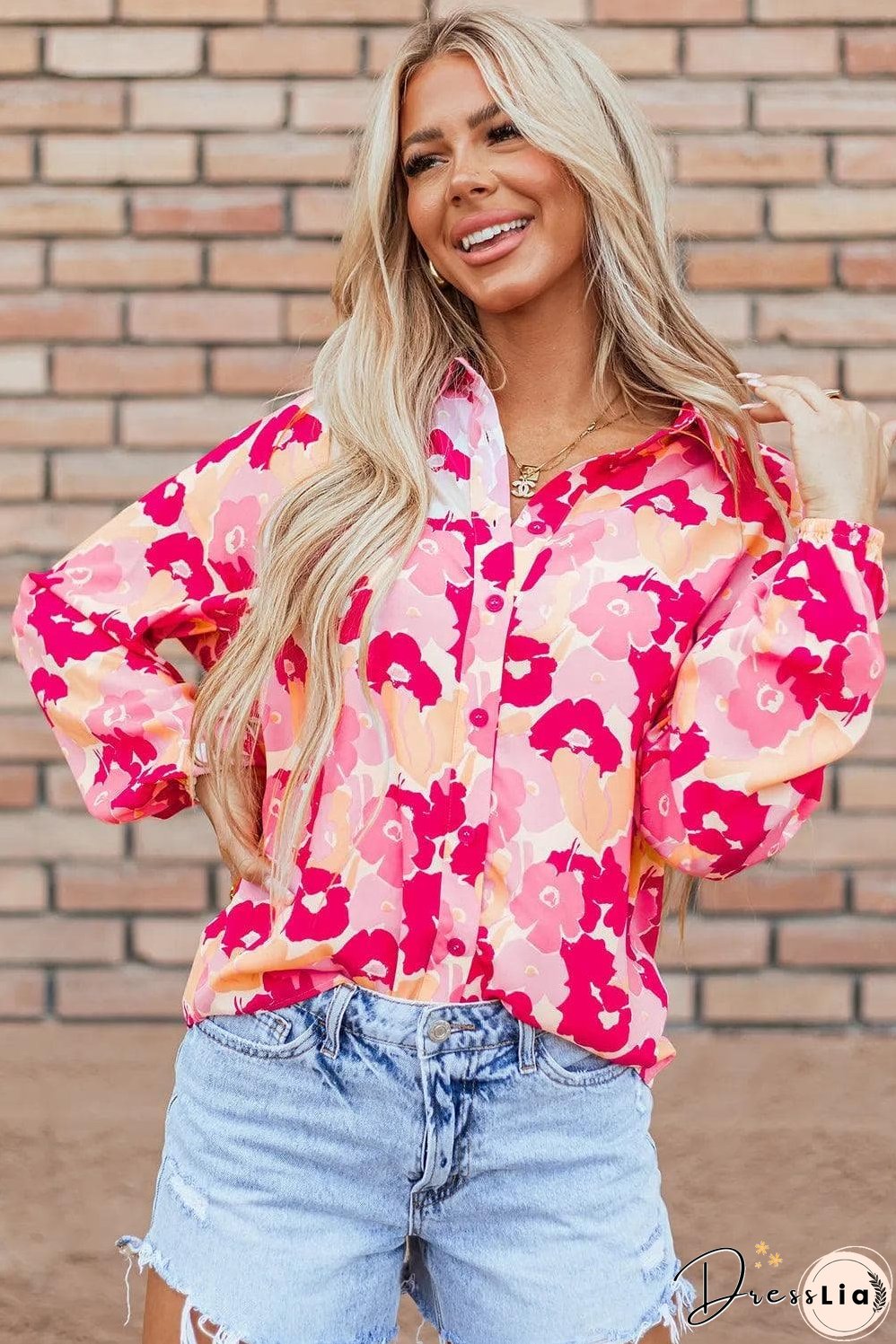 Pink Blooming Floral Print Puff Sleeve Buttoned Shirt