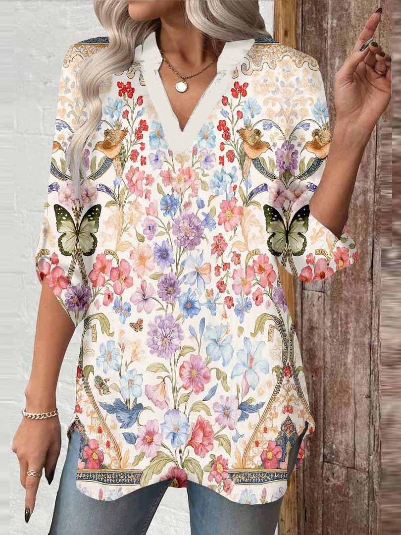 Women Floral,Butterfly,Yellow,Red DZGA0259 3/4 Sleeve V-neck Printed Graphic Button Tops