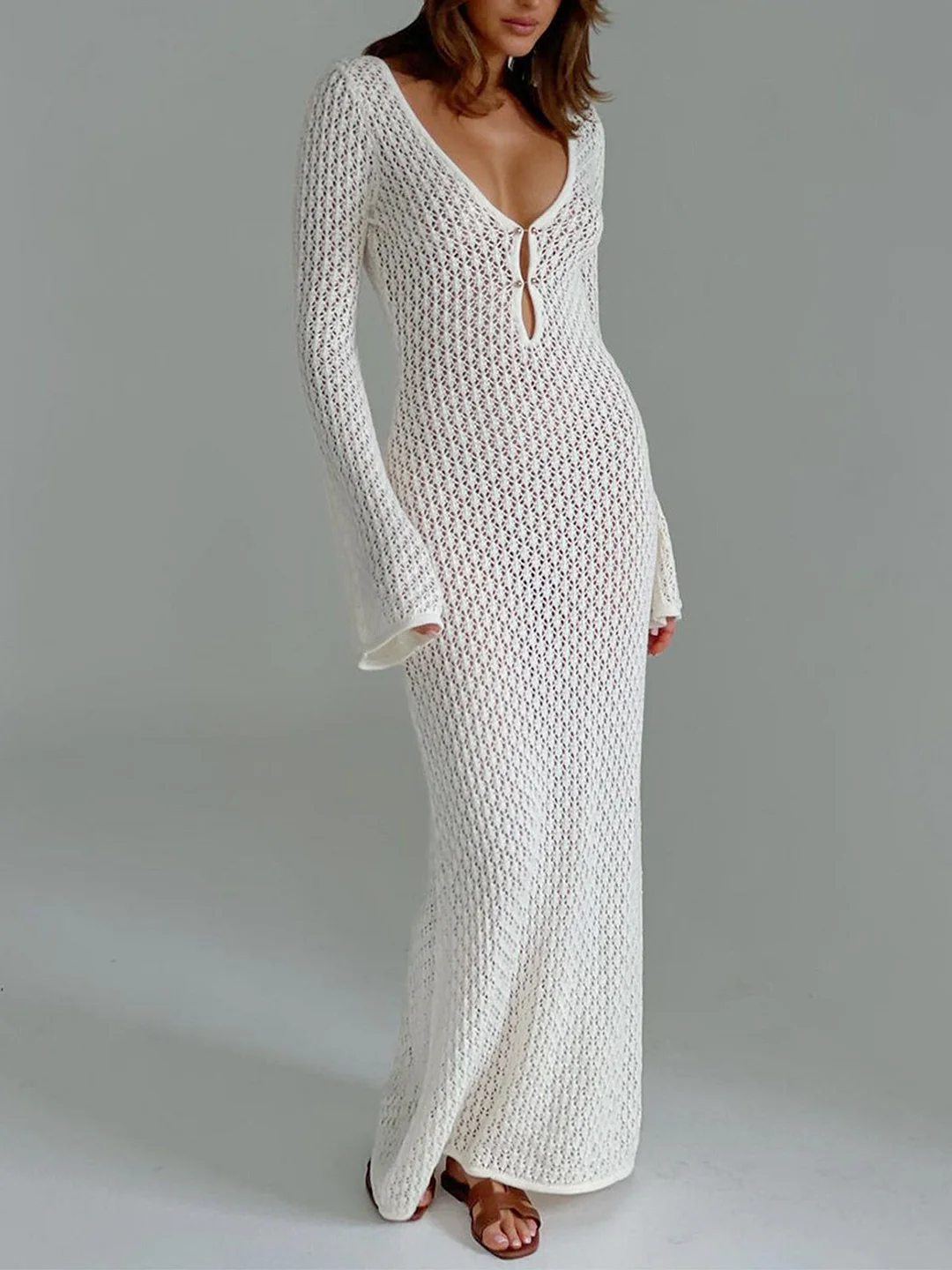 Abebey-Cover Up Long Sleeve Open Back Long Dress