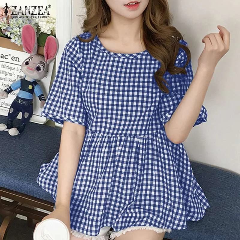 ZANZEA Fashion Ruffle Tops Tunic Womens Retro Plaid Check Blusa Casual Short Sleeve Pullover 2022 Summer O Neck Blouse