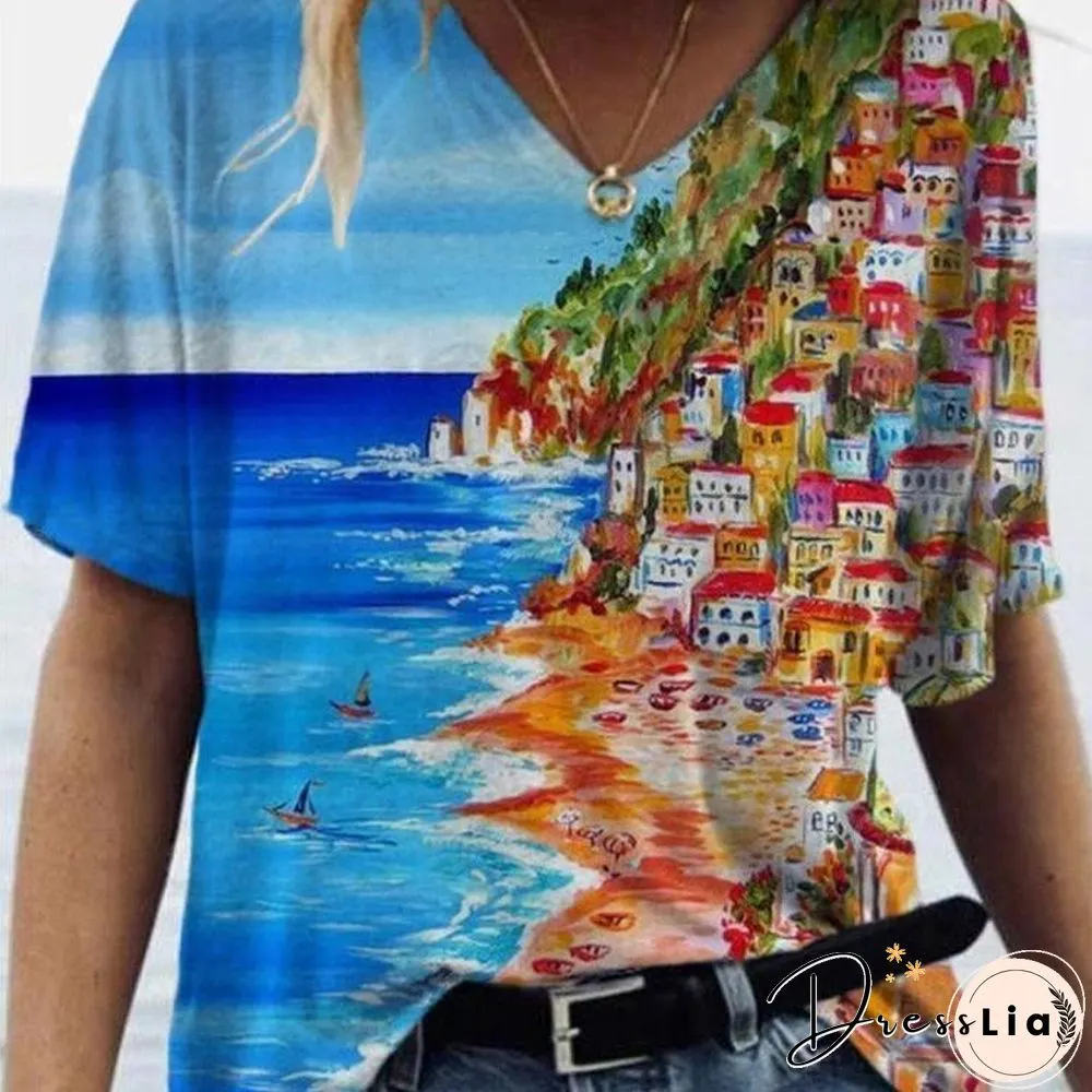 Summer Print V-Neck Comfortable T-Shirt