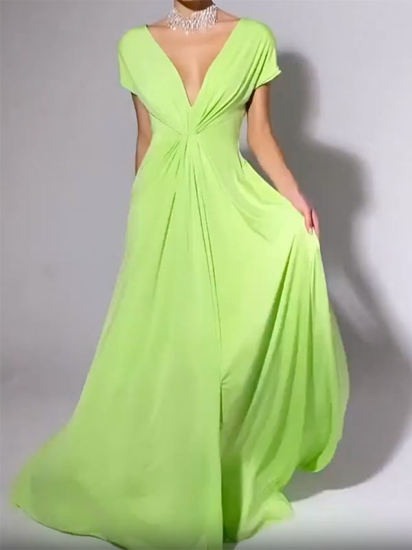 Backless Fluorescent Solid Color Short Sleeves V-Neck Maxi Dresses