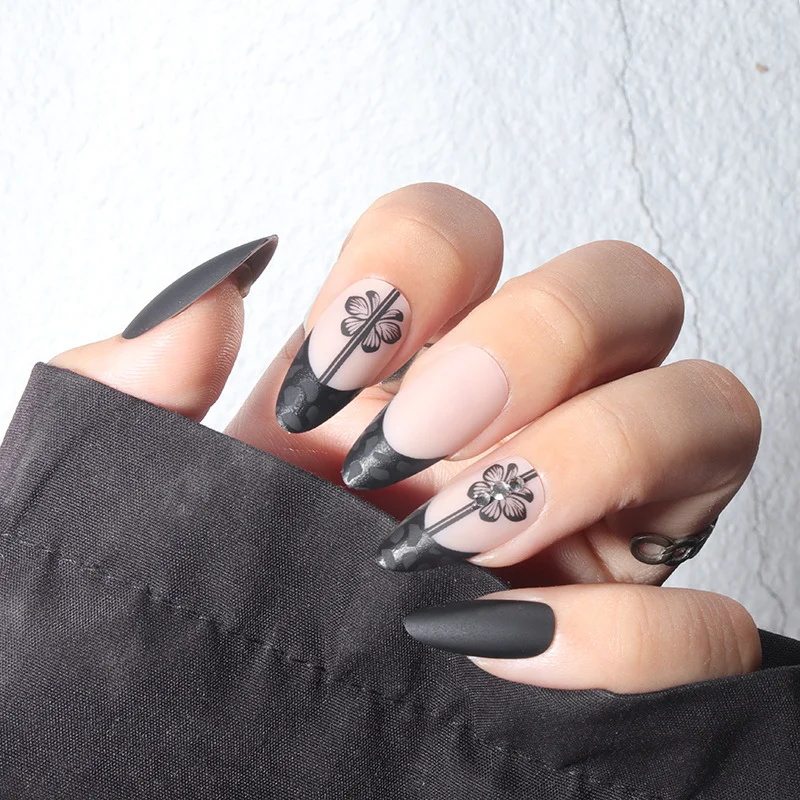 Black Flower Print Press On Nails with Jelly Double Sided Nail Adhesives 24 pcs