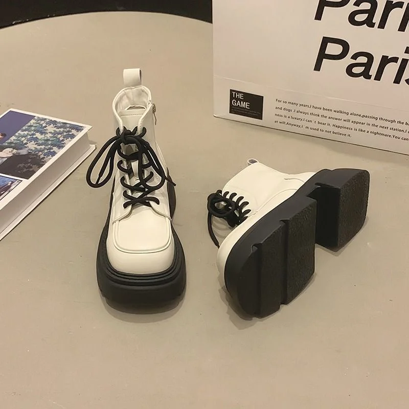 Qengg Thick-Soled Martin Boots In Autumn And Winter 2023 New Retro English Style Short Boots Fried Street Thin Boots