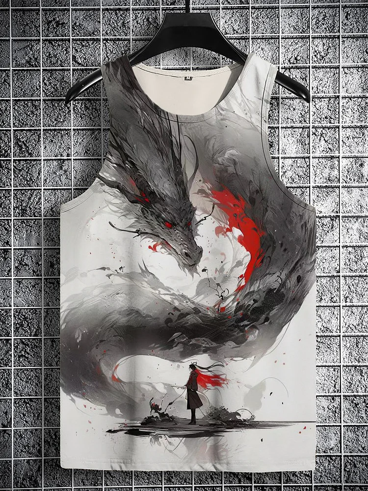 Men's Japanese Dragon Warrior Ink Painting Art Print Casual Tank Top
