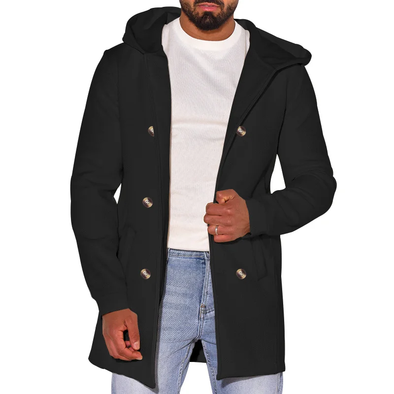 Men's Woolen Hooded Double-breasted Windbreaker Woolen Coat Jacket