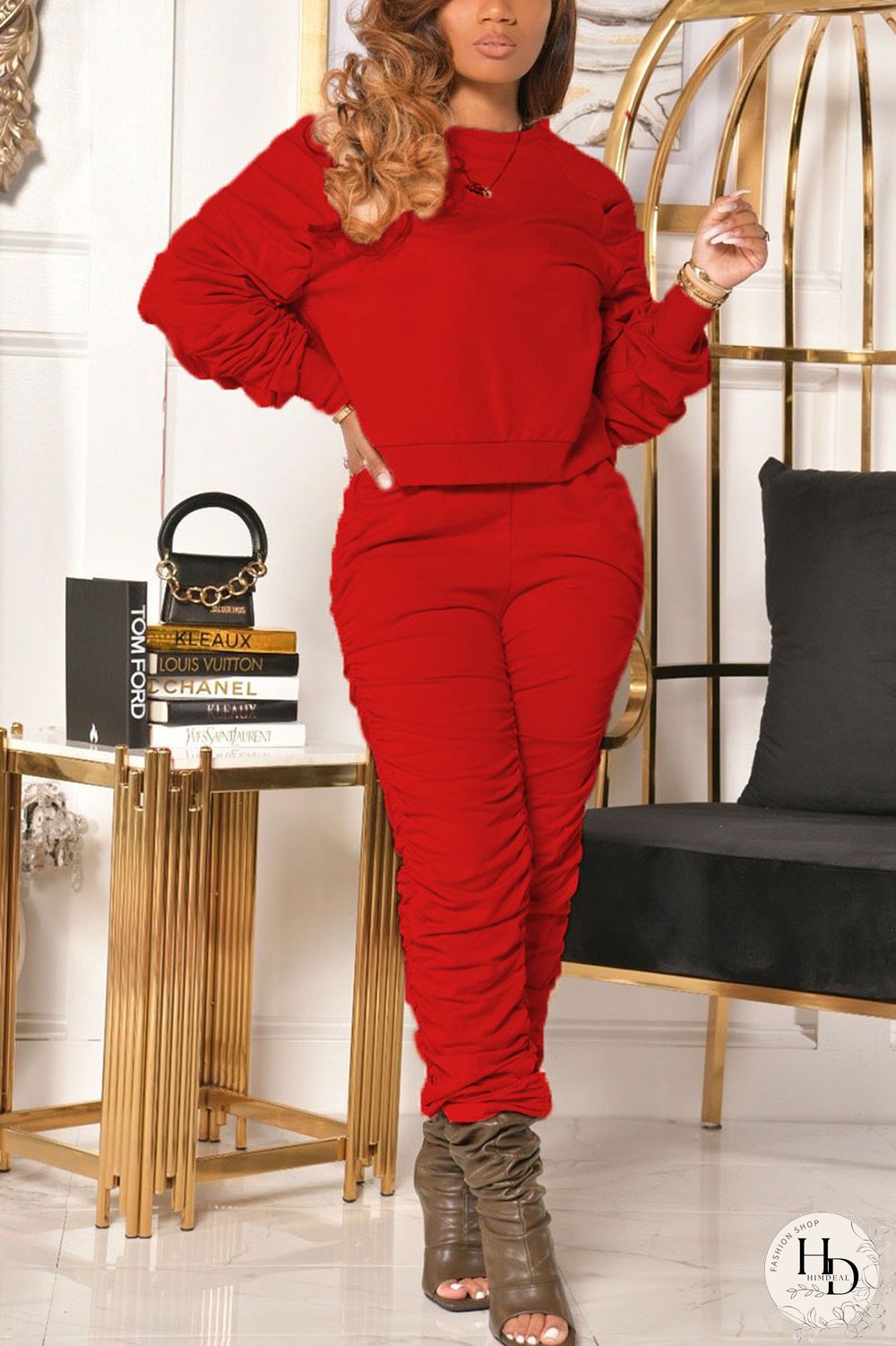 Red Casual Solid Fold O Neck Long Sleeve Two Pieces