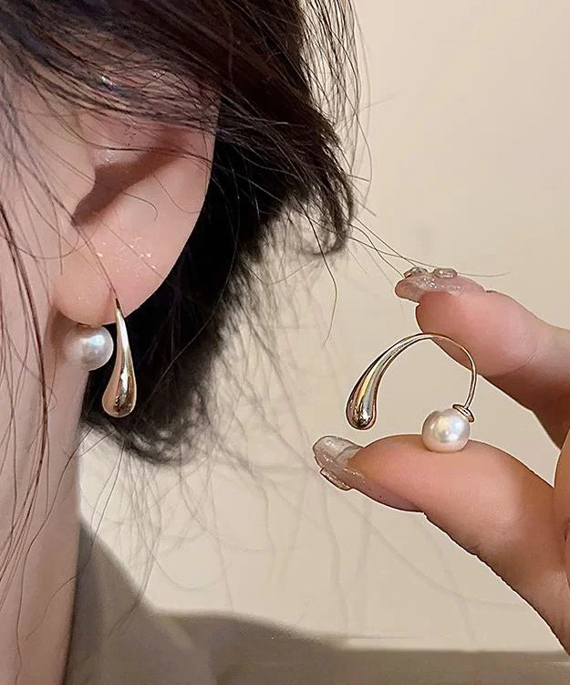 Modern Gold Sterling Silver Overgild Pearl Hoop Earrings
