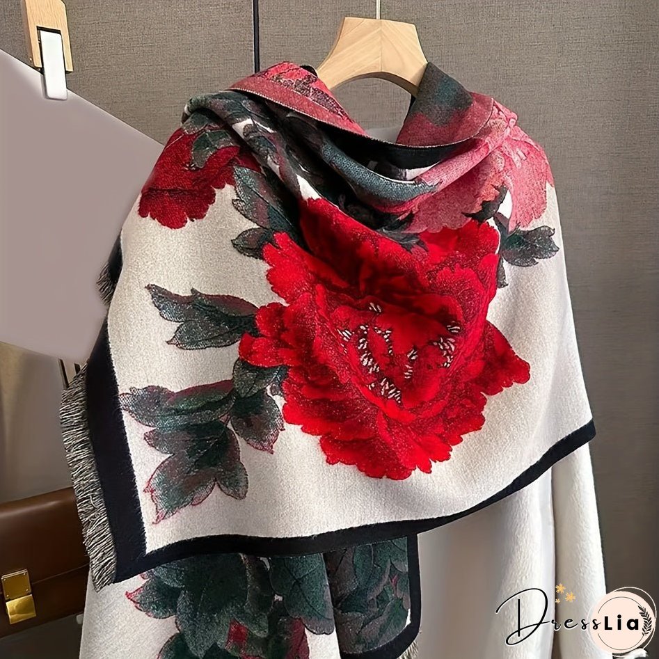 Vintage Floral Pattern Soft Shawl Scarf - Elegant, Warm, Fringe, Windproof, Coldproof, Autumn Winter Essential - Perfect for Outdoor Activities, Casual Wear, and Gift Giving