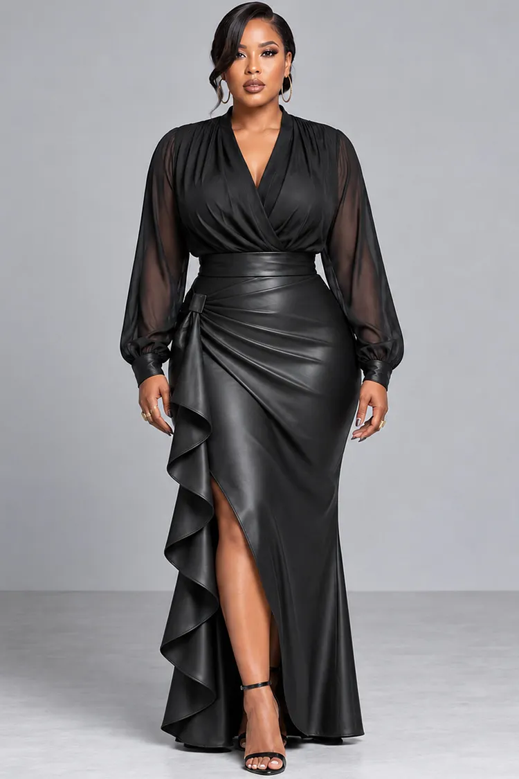 Xpluswear Design Plus Size Business Casual PU Leather Black Wrap Neck Lantern Sleeve Long Sleeve Ruffle Split Chiffon Two Piece Skirt Sets [Pre-Order] 2024 - Xpluswear