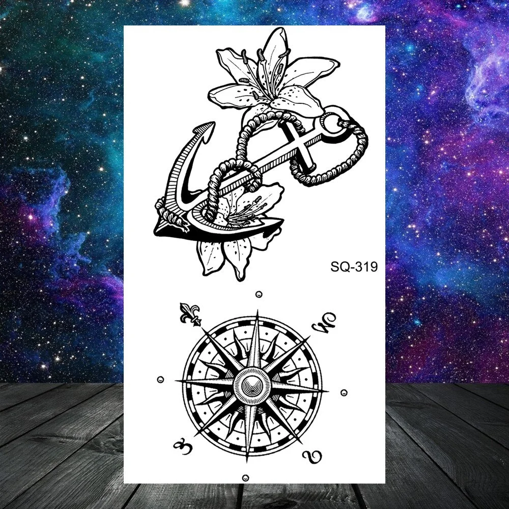 Pirate Anchor Rose Flower Temporary Tattoos For Women Adult Kids Lion Skull Dragon Snake Fake Tattoo Neck Arm Hands Small Tatoos