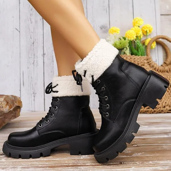 Women's Casual Fur Collar Cuffed Thick-Soled Boots