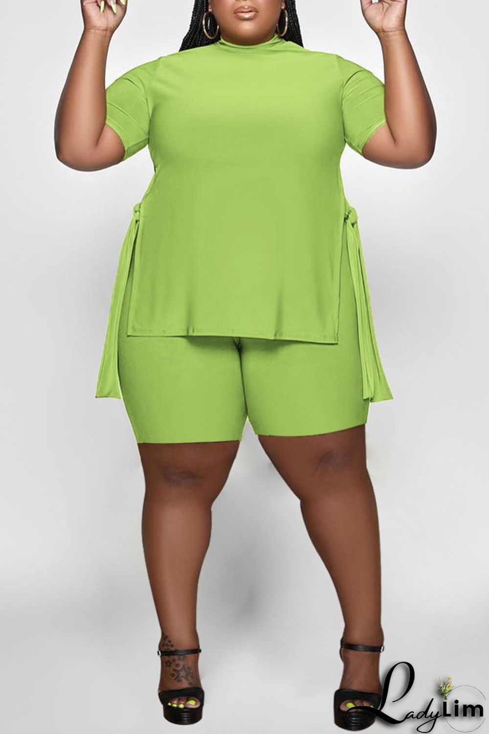 Rose Red Casual Solid Split Joint Slit O Neck Plus Size Two Pieces