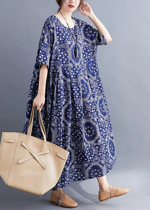 French Navy Exra Large Hem Print Dresses Cotton Linen Summer