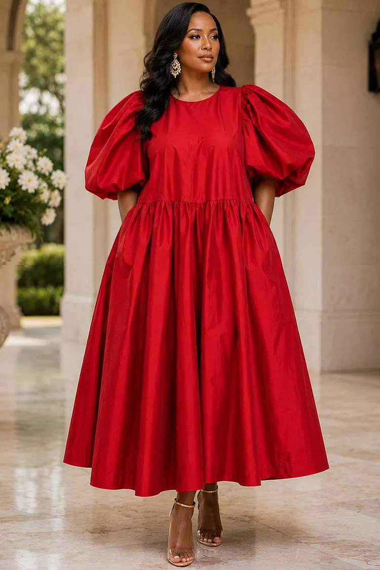 Xpluswear Design Plus Size Wedding Guest Red Round Neck Puff Sleeve Short Sleeve Pocket Midi Dresses [Pre-Order] 2024 - Xpluswear