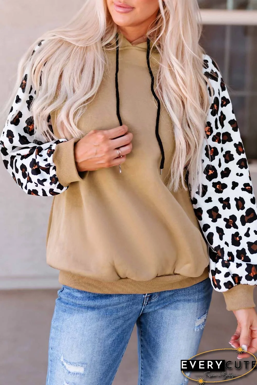 Khaki Leopard Bishop Sleeve Hooded Sweatshirt