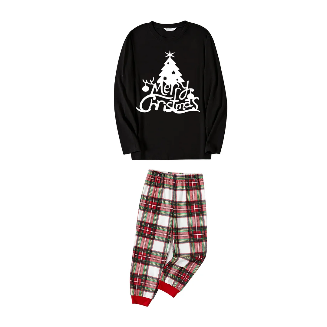 Christmas "Merry Christmas" Text and Tree Print Black Long Sleeve Top with Red & White & Green Plaid Family Matching Pajamas