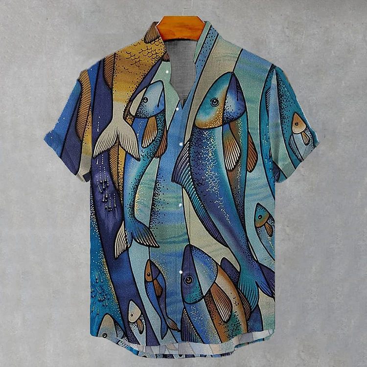 Men'S Retro Fish Print Casual Short Sleeve Shirt