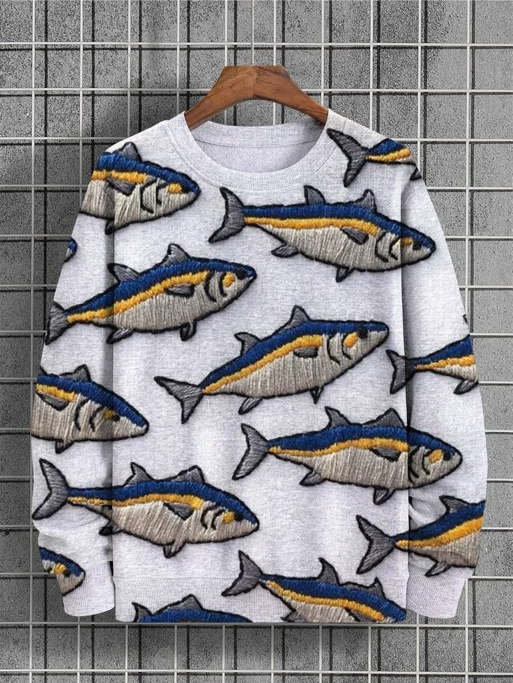 Men's Fish School Embroidery Art Pattern Print Sweatshirt