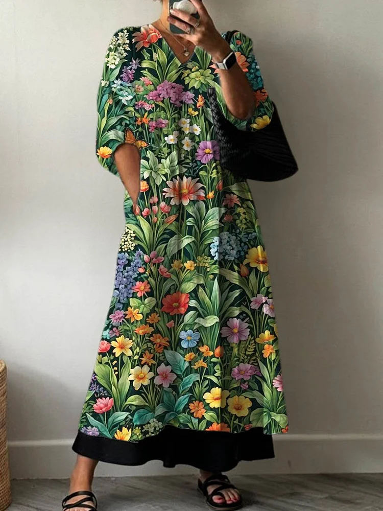 Women's Vintage Lovely Floral Art Print Pocket V-neck Cotton Dress